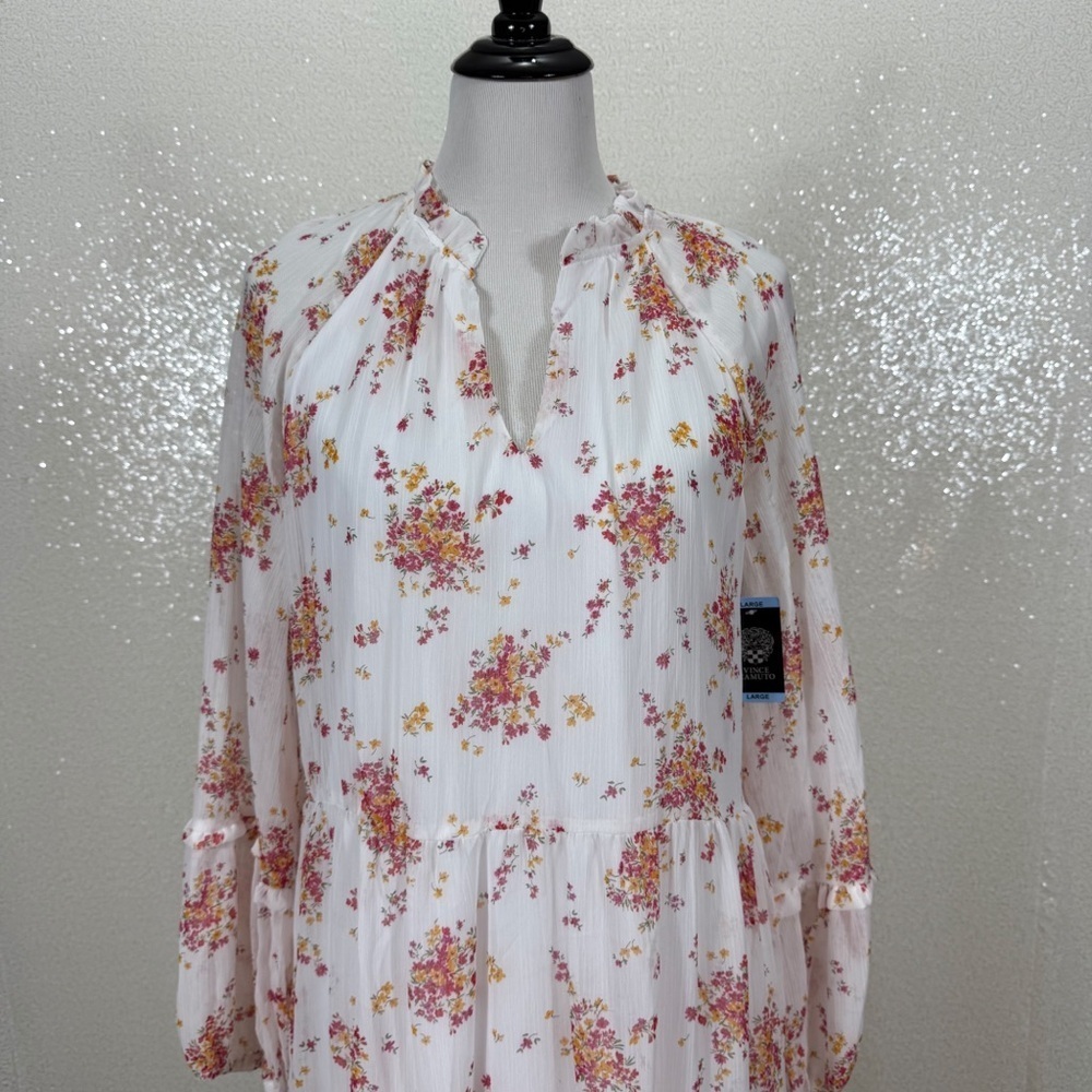 Vince Camuto Floral Dress Womens L Long Sleeve V Neck Tiered Ruffle Boho - Picture 12 of 13